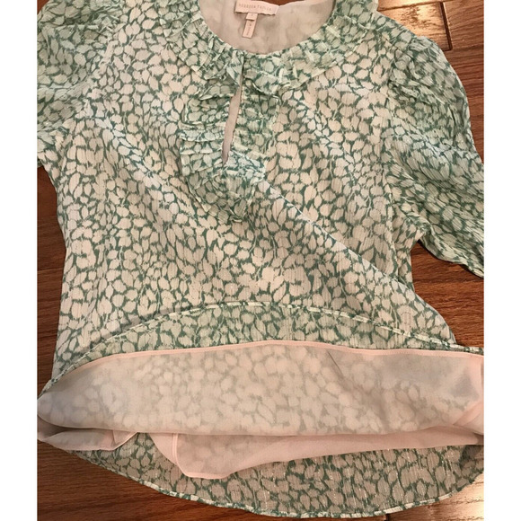 Rebecca Taylor Ikat Lurex Metallic Green/White Leaf Ruffle Blouse - Size 2 - Picture 6 of 12